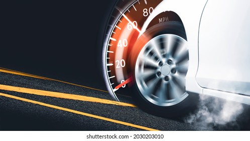 Race car start on track and burning tire,speedometer indicator sweeping to 60 mph,Double exposure concept and copy space