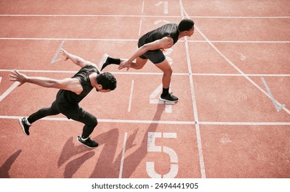 Race, challenge and men at finish line for speed, marathon event and professional sports arena. Winning, track and people at stadium for competition, fitness or athlete running at international games - Powered by Shutterstock