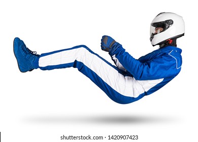 Race Driver In Blue White Motorsport Overall Hover Over Ground In Driving Seat Position With Shoes Gloves And Safety Crash Helmet, Isolated On White Abstract Racing Background. 