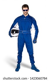 Race Driver In Blue White Motorsport Overall Shoes Gloves And Safety Gear Crash Helmet Under His Arm Determined And Ready To Go Isolated On White Background. Car Racing Motorcycle Sport Concept.