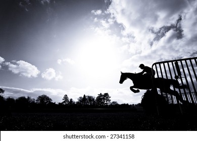 race horse jumping hurdle photographed in silhouette