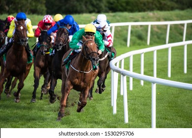 Race horseing action, lead race horse and jockey taking the final turn towards the finish line