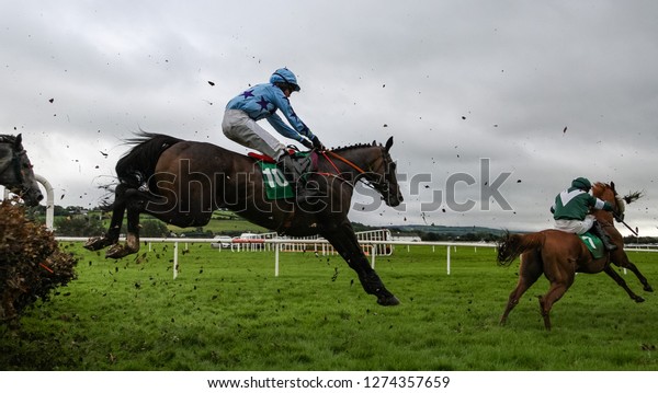 Race horses and\
jockeys jumping over a\
hurdle