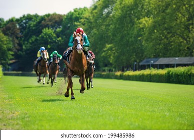 Race horses with jockeys on the home straight - Shutterstock ID 199485986