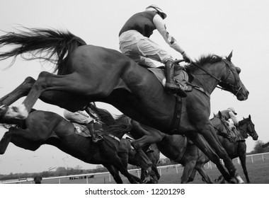 Race Horses Jumping Fence From Below