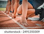 Race, start and hands of men on track at arena for speed challenge, marathon event and sports. Ready, set and group of people at competition lines for fitness, exercise and running athlete at stadium