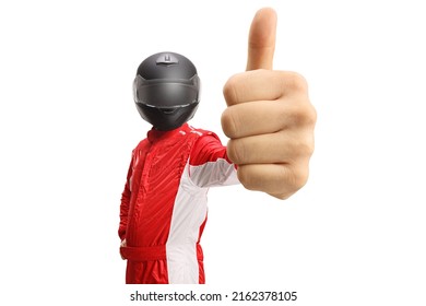 Racer with a helmet showing thumbs up in front of camera isolated on white background