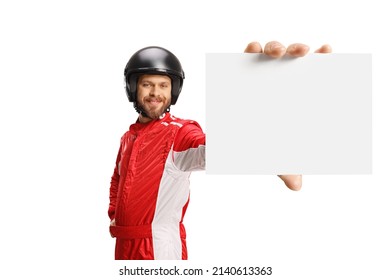 Racer holding a blank card in front of camera isolated on white background