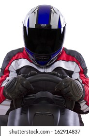 racerwearing red racing suit and blue helmet on a steering wheel