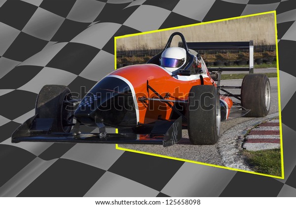 Racing Car\
with finish flag background.Out of\
bounds