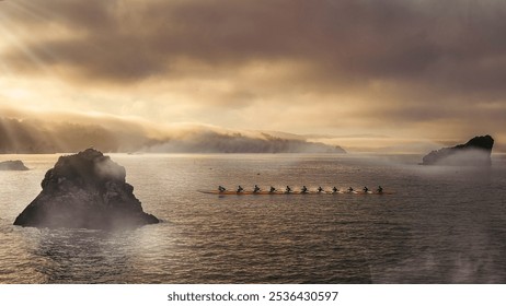 Racing crew going through early morning workout in foggy bay - Powered by Shutterstock