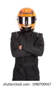 Racing Driver In Full Gear Posing Isolated In A White Background