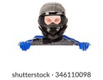 Racing driver posing with white board isolated in white