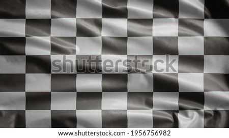  Racing flag waving in the wind. Car race or auto sport, motorcycle speed competition. Back and white checkered pattern background, rally and motocross, start and finish championship