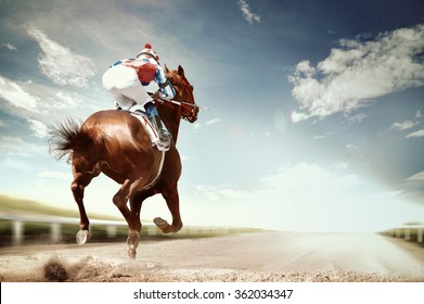racing horse coming first to finish line in vintage style