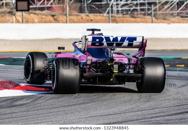 Racing Point\
F1 Team  RP19 2019 F1 car during the F1 winter testing in February\
at Circuit de\
Barcelona-Catalunya