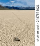 A Racing Rock, also known as a Sailing Stone, zigging and zagging at the Racetrack Playa in Death Valley National Park, CA, USA.