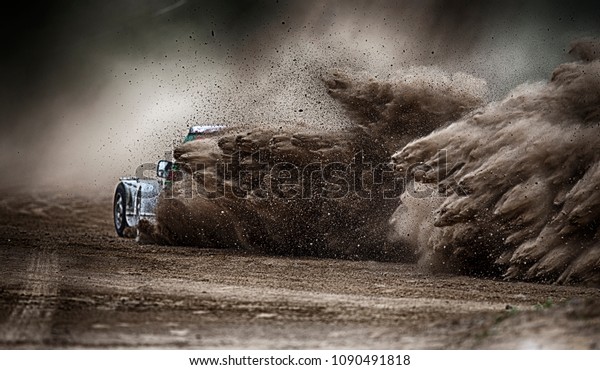 racing\
sports car in dust clubs on the track  ,\
rally