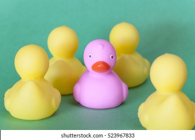 Racism, discrimination and social exclusion concept with color rubber ducks. (Selective focus image)