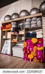 rack with accessories and items for sports in the gym. equipment for fitness centers and aero-yoga - Shutterstock ID 2229289237