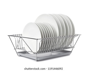 Rack With Clean Dishes On White Background