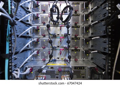 Rack of computer network equipment, rear view