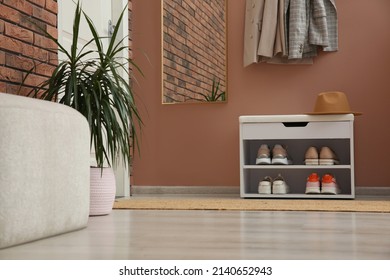 Rack With Different Shoes Near Pale Pink Wall In Hall