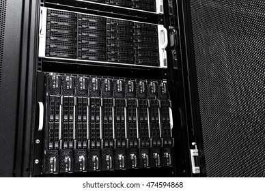 Rack disk storage in a modern data center. black and white