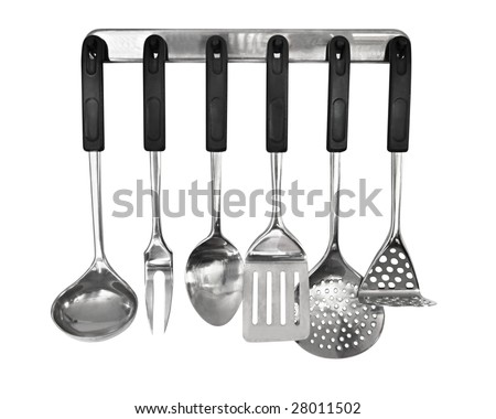 Rack of kitchen utensils, isolated on white.  Stainless steel with black handles.