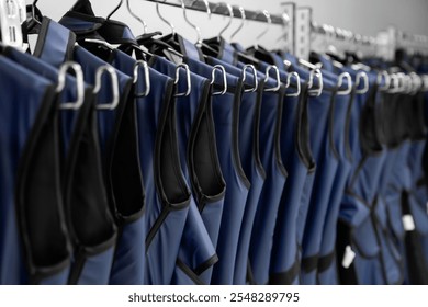 A rack of lead aprons used for protection from Xray, x-ray, x ray beam in operating room or dentist or radiologist, hospital. radiation protective vest. - Powered by Shutterstock