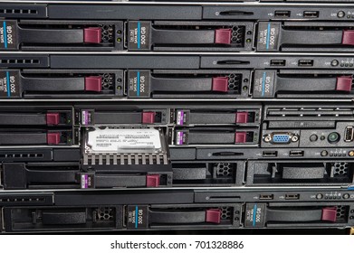 Rack mounted server with an open disk enclosure, front view