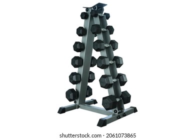 Rack for placing dumbbells placed on a white background with clipping path. Dumbbells can be used to strengthen the muscles of all parts of the body and are also easy to move and store.