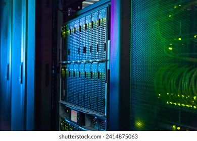 Rack Servers and Supercomputers, Modern Telecommunications, Artificial Intelligence, Supercomputer Technology.
Powerful supercomputer. Cloud Computing Server Room. Network of servers at a data center.