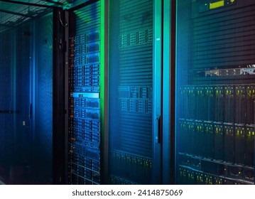 Rack Servers and Supercomputers, Modern Telecommunications, Artificial Intelligence, Supercomputer Technology.
Powerful supercomputer. Cloud Computing Server Room. Network of servers at a data center.