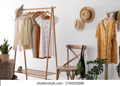 Rack With Stylish Women's Clothes Indoors. Interior Design