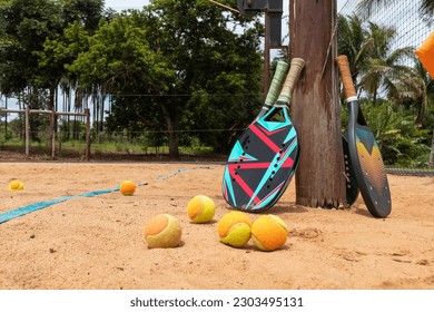 Racket and ball on the beach. Beach tennis. summer sport concept