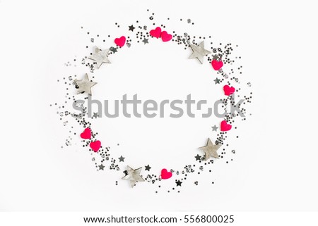 Rad hearts, silver glitter, confetti, sequins and star. Holiday frame. Valentines day concept Stock photo © 