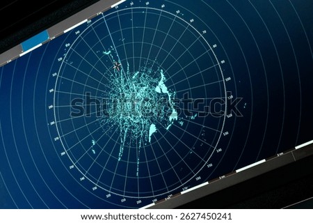 Radar display showcasing a detailed visualization of geographical contours and navigational data, emphasizing precision and technology in monitoring. A modern representation of radar-generated mapping