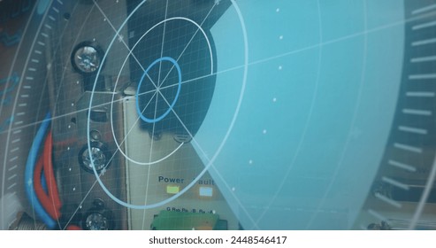 A radar screen displays tracking information, with copy space. Essential in navigation, this radar system aids in detecting objects and guiding vessels. - Powered by Shutterstock