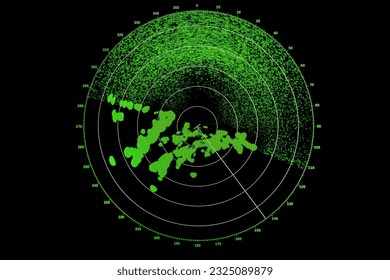 Radar screen with green indication on black background, close-up photo with pixel structure - Powered by Shutterstock