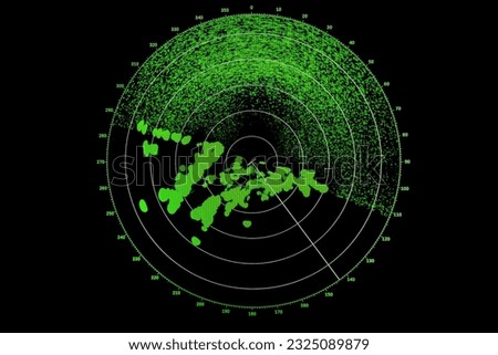 Radar screen with green indication on black background, close-up photo with pixel structure
