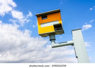 Radar speed camera in the uk against blue sky background