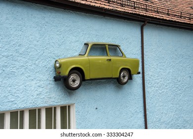 RADEBERG, GERMANY - July 18 2015: Car Breaks Through The Blue Wall