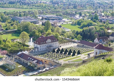 Radebeul, Saxony, Germany - April 22 2019: View over the Castle Wackerbarth in Radebeul Niederlößnitz. It is a vineyard estate which produces wine and champagne.