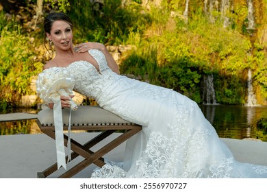 A radiant bride stands elegantly in her exquisite wedding dress, intricate lace cascading delicately, shimmering in soft light, her joyful eyes reflecting excitement for the love-filled journey ahead. - Powered by Shutterstock