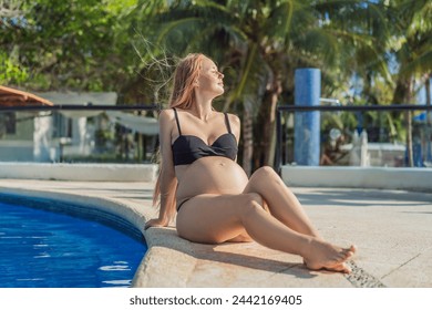 Radiant and relaxed, a pregnant woman finds serenity while enjoying the refreshing embrace of the pool, embracing moments of buoyant joy during pregnancy - Powered by Shutterstock