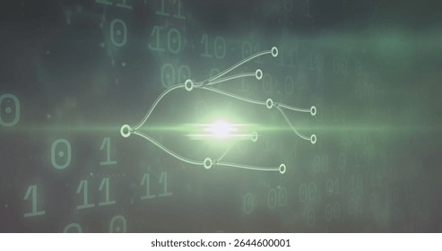 Radiating central light flare over digital space, with glowing network diagram and binary digits. Technology, data, cybersecurity, innovation, futuristic, abstract, connectivity