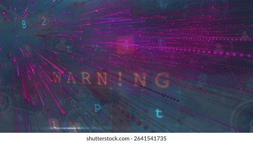 Radiating purple and magenta data streaks through virtual cyberspace, with glowing WARNING text. Futuristic, technology, digital, abstract, vibrant, cybersecurity, network