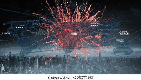 Radiating red particles spreading across night city skyline, with holographic world map and nodes. Futuristic, urban, technology, digital, interconnected, high-rise, data
