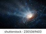 Radiation from a black hole at the center of a galaxy. Space scene with stars, black hole in galaxy. Panorama. Universe filled with stars, nebula and galaxy,. Elements of this image furnished by NASA